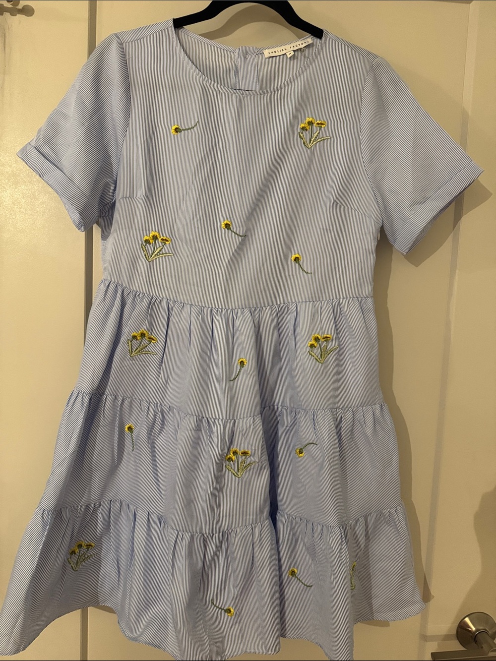 English Factory Light Blue Tiered Midi Dress with Yellow Floral Embroidery
